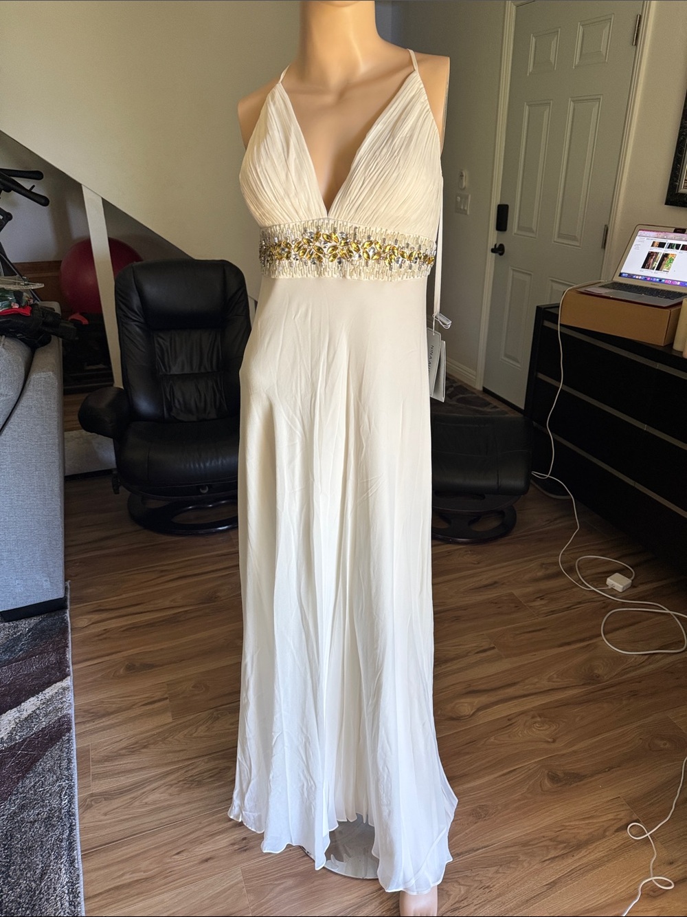 Elegant Silk Ivory  Beaded Empire Waist Evening Dress P 11